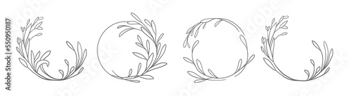 Outline flower wreath set. Vector floral frame in doodle style. Wedding monogram flourish frame isolated on white background. Outline border with wild flowers, meadow herbs and branches.