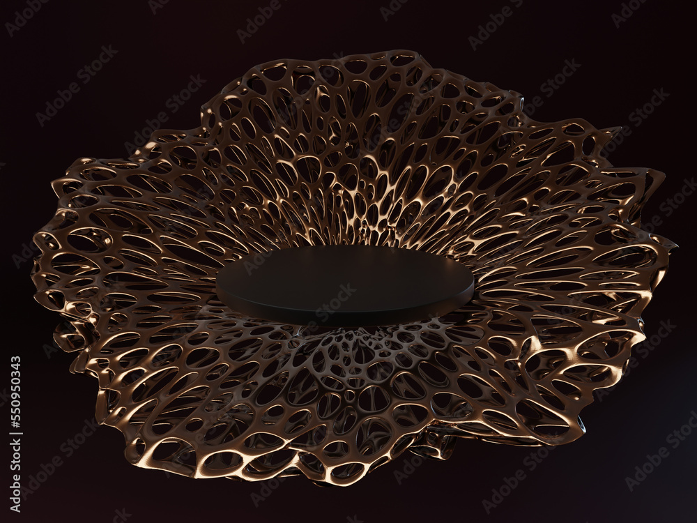 3D rendering of abstract figure; design template pedestal for the product in the center of a curved mesh pattern gold and brown; metallic 3D rendering of abstract figure; design template pedestal for the product in the center of a curved mesh pattern gold and brown; metallic