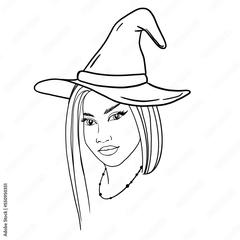 Witch in witch hat with necklace illustration. Flat black outline of witch pretty woman drawing. Design for magic, wizardry, witchcraft, occult, tarot cards.
