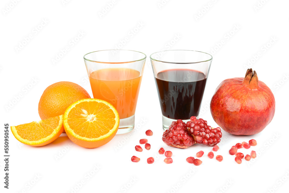 Orange and pomegranate juice isolated on white.