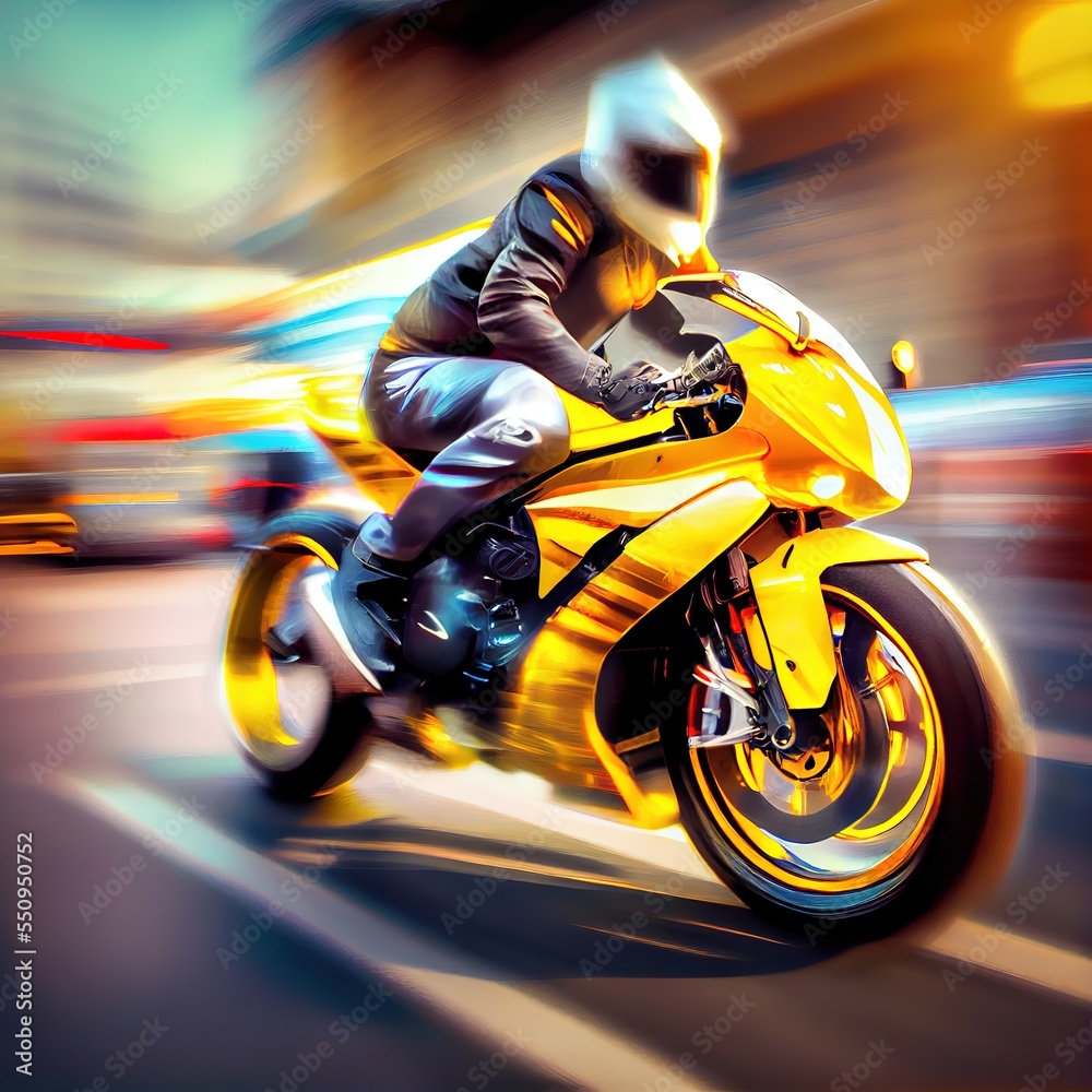 Biker riding on the yellow sports bike at the highway. Blurred motion, fast speed. Photorealistic illustration generated by Ai