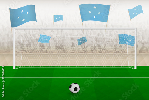 Micronesia football team fans with flags of Micronesia cheering on stadium, penalty kick concept in a soccer match.
