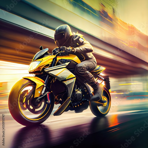 Biker riding on the yellow sports bike at the highway. Blurred motion, fast speed. Photorealistic illustration generated by Ai © Cheport