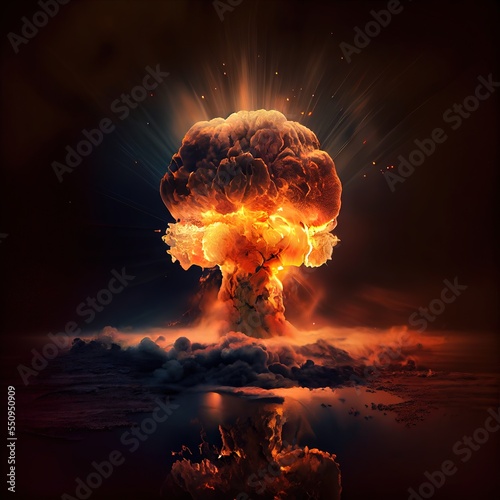 Nuclear explosion in the sea. Atom bomb explosion and mushroom cloud exploding. Photorealistic illustration generated by Ai 