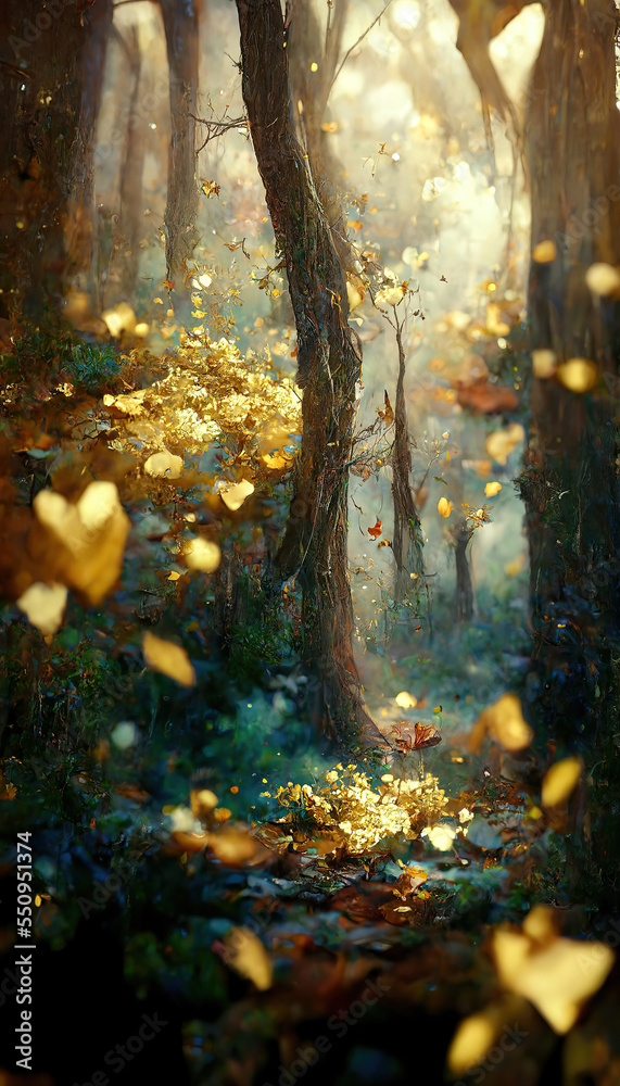Obraz premium beautiful fantasy magical golden forest in the morning as landscape background