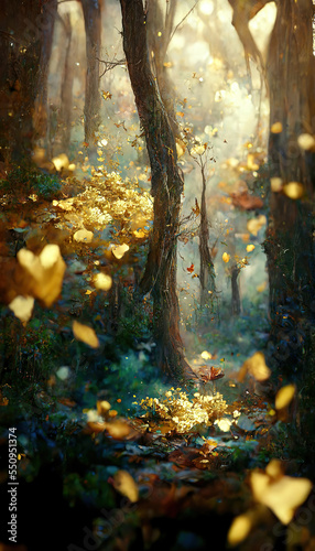 beautiful fantasy magical golden forest in the morning as landscape background