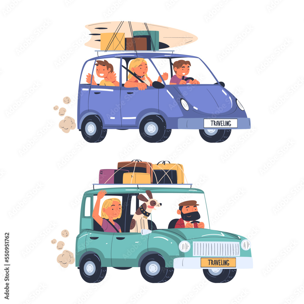People Character Traveling by Car with Luggage Trunks on Roof Having Trip on Vacation Vector Set People Character Traveling by Car with Luggage Trunks on Roof Having Trip on Vacation Vector Set