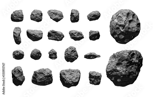 Set of asteroids isolated on white background.