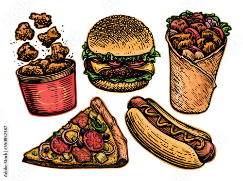 Fast Food set. Cheeseburger, slice of pizza, hot dog, kebab, fried chicken meat, burger, nuggets. Vector illustration