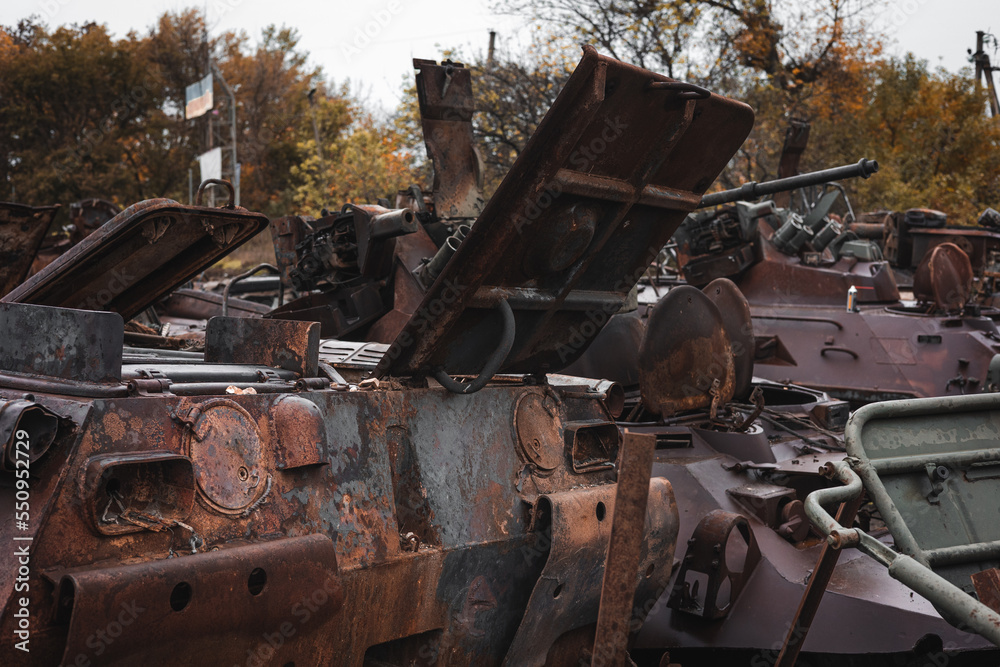 War in Ukraine, cemetery of Russian equipment, destroyed military equipment. Izyum city, Kharkiv region. War in Ukraine, cemetery of Russian equipment, destroyed military equipment. Izyum city, Kharkiv region.
