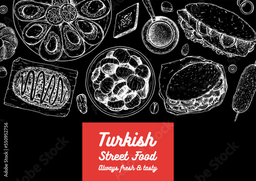 Turkish food top view vector illustration. Food menu design template. Hand drawn sketch. Turkish food menu. Vintage style. Midye dolma, Kumpir, Doner kebab, Balik ekmek, Simit, Roasted chestnuts