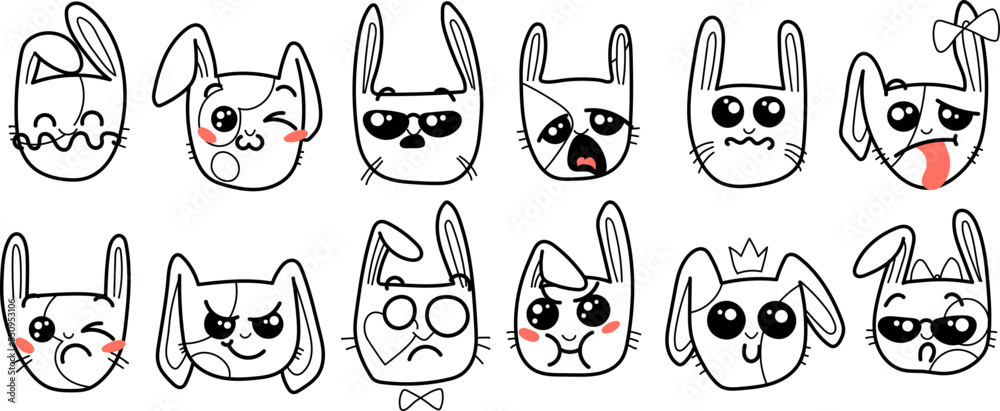 Cute Kawai rabbits. Different expression muzzles bunnies in doodle style. Angry, cheerful, joyful, happy, sick, love, suspicious, playful, laughing kawaii hare Cute Kawai rabbits. Different expression muzzles bunnies in doodle style. Angry, cheerful, joyful, happy, sick, love, suspicious, playful, laughing kawaii hare