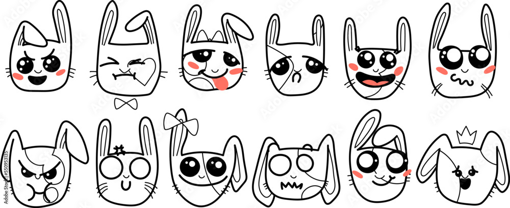 Cute Kawai rabbits. Different expression muzzles bunnies in doodle style. Angry, cheerful, joyful, happy, sick, love, suspicious, playful, laughing kawaii hare Cute Kawai rabbits. Different expression muzzles bunnies in doodle style. Angry, cheerful, joyful, happy, sick, love, suspicious, playful, laughing kawaii hare
