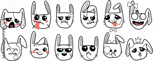 Cute Kawai rabbits. Different expression muzzles bunnies in doodle style. Angry, cheerful, joyful, happy, sick, love, suspicious, playful, laughing kawaii hare