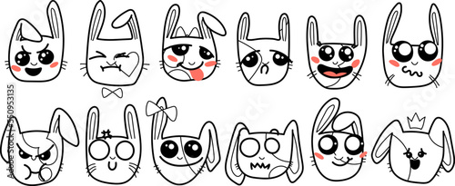 Cute Kawai rabbits. Different expression muzzles bunnies in doodle style. Angry, cheerful, joyful, happy, sick, love, suspicious, playful, laughing kawaii hare