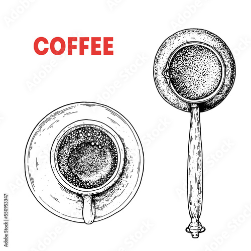 Coffee maker cezve hand drawn sketch. Top view. Vintage vector illustration. Turkish coffee.