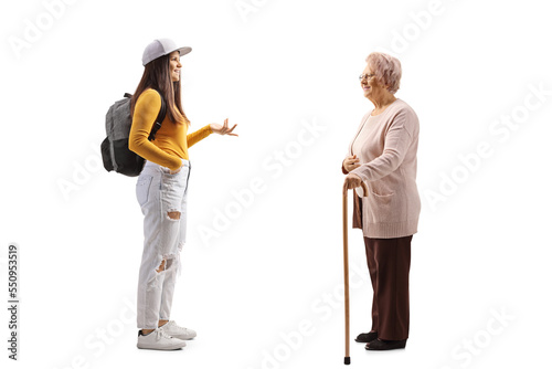 Conversation between a young female student and an elderly woman