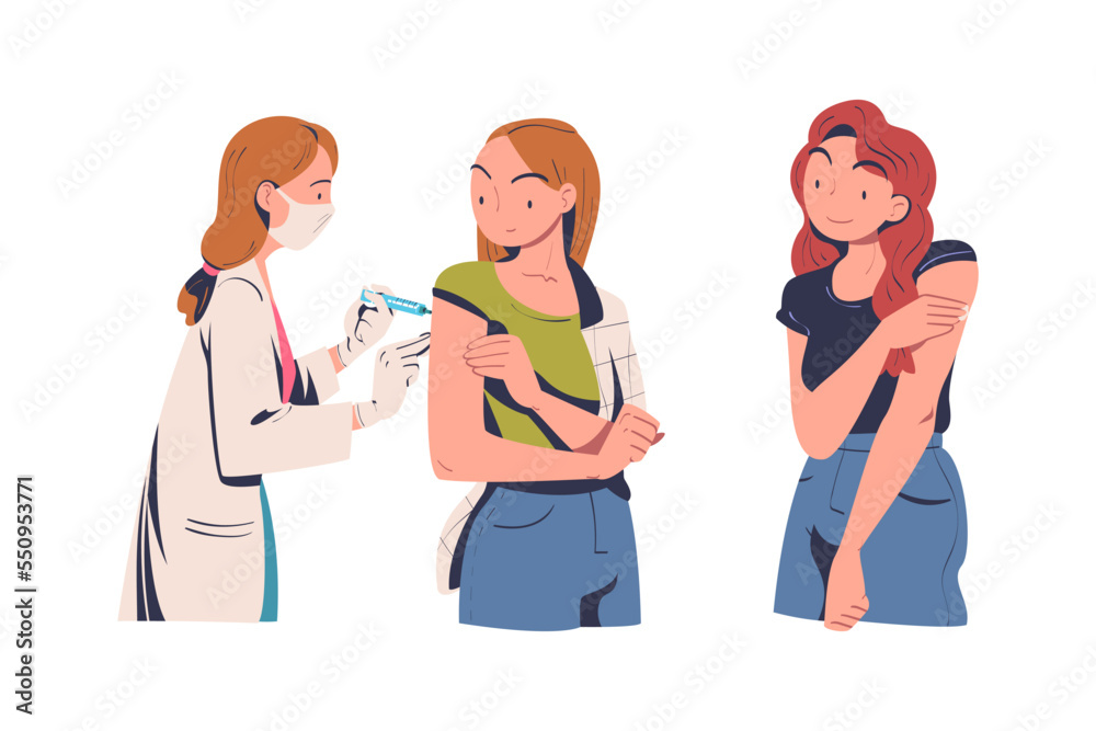 Vaccination with Woman Character Vaccinated in Upper Arm with Doctor Holding Syringe Vector Set Vaccination with Woman Character Vaccinated in Upper Arm with Doctor Holding Syringe Vector Set