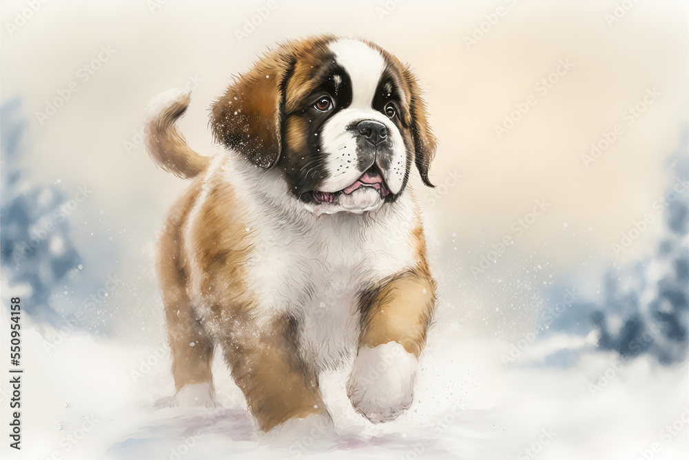 Portrait of a cute St Bernard pup in the snow Portrait of a cute St Bernard pup in the snow
