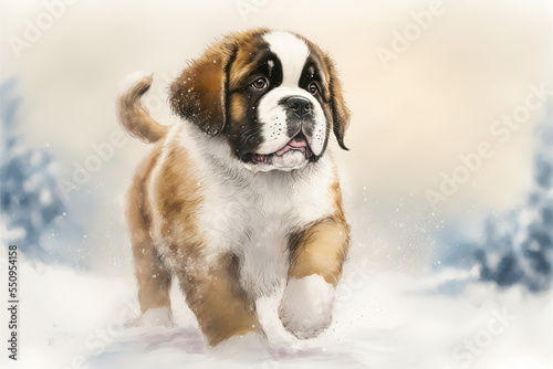 Portrait of a cute St Bernard pup in the snow