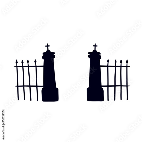 Old fence of cemetery. Halloween decoration. Black silhouette of gloomy wall.