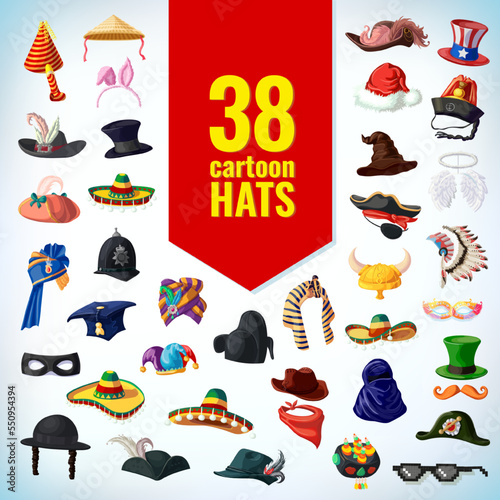 Cartoon hats. hats set. sombrero and cowboy, china cap and cylinder.