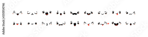 Various Cartoon Emoticons Set. Doodle faces, eyes and mouth. Caricature comic expressive emotions, smiling, crying and surprised character face expressions