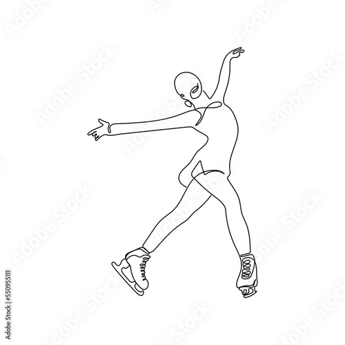 Ice skating, figure skater in one continuous line drawing style. A young woman is dancing. Winter sport concept. Hand drawn vector illustration.