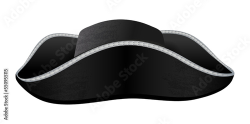 Black cocked hat, an element of clothing for pirates and sailors, part of a fancy dress for parties, holidays, festivals, masquerades	