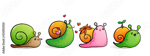 Kawaii snail character with shell and cartoon snailfish or snail-like mollusk. Kids illustration, set of lovely snail-paced slugs with random emoji, isolated on white background