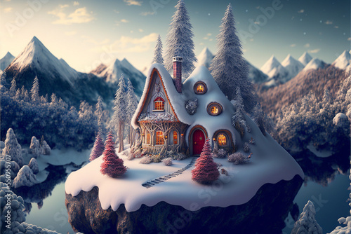 Santa Claus House, Fairy House, Cozy Cute Fairy Little House in Mountains, Winter illustration, Christmas illustration photo