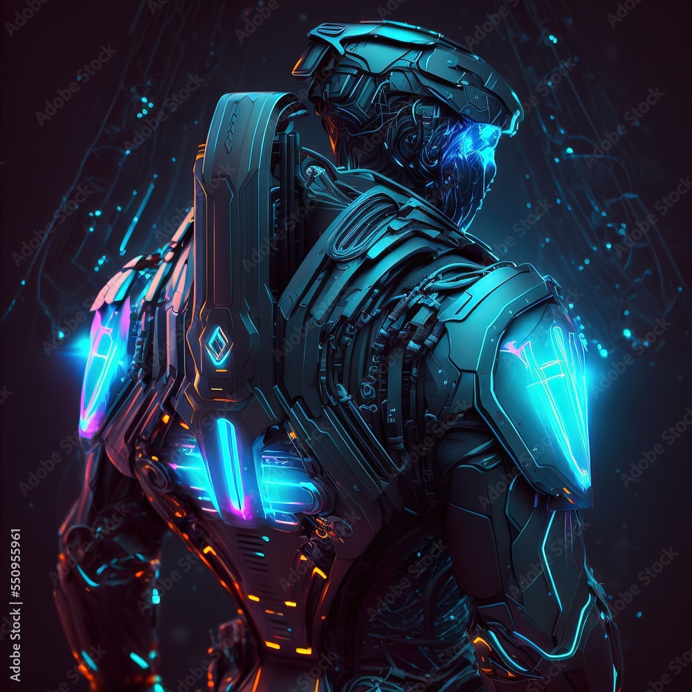 Sci-fi robotic exoskeleton armor with human operator inside, robot with neon glow on face 3d illustration - obrazy, fototapety, plakaty 