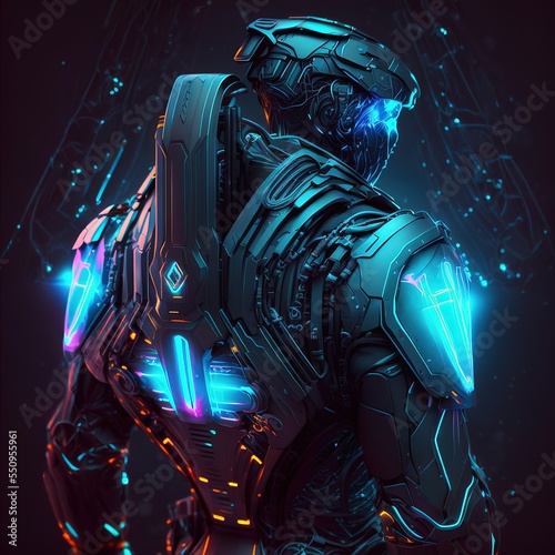 Sci-fi robotic exoskeleton armor with human operator inside, robot with neon glow on face 3d illustration photo