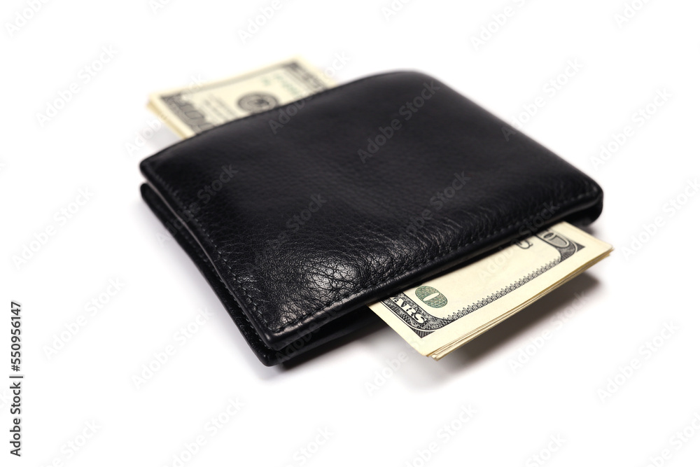 leather wallet with money american dollars isolated on white, concept of shopping, savings, investment, donations leather wallet with money american dollars isolated on white, concept of shopping, savings, investment, donations