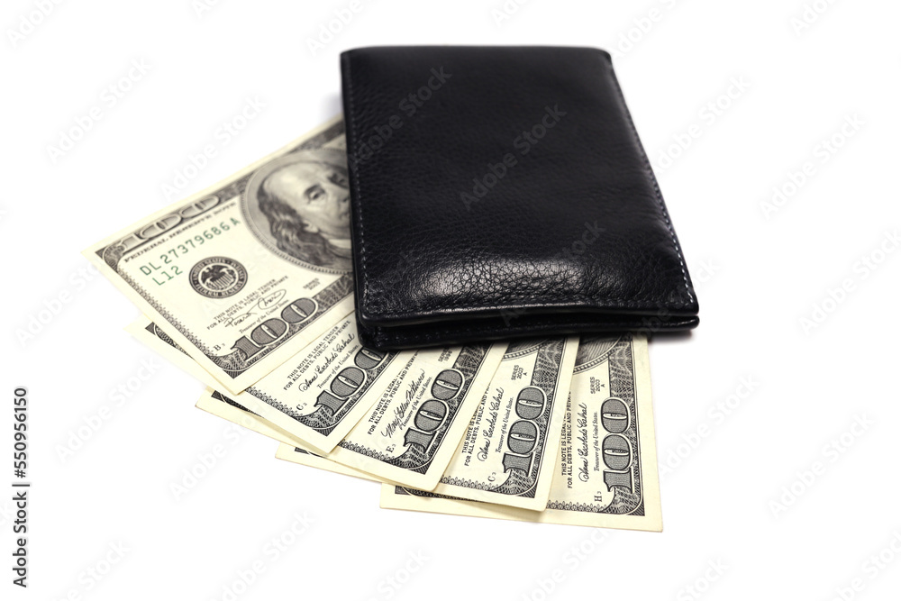 Black leather wallet on a fan of dollars isolated on a white background Black leather wallet on a fan of dollars isolated on a white background