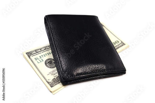 Black leather wallet with american dollars money isolated on white background, concept of savings, investment