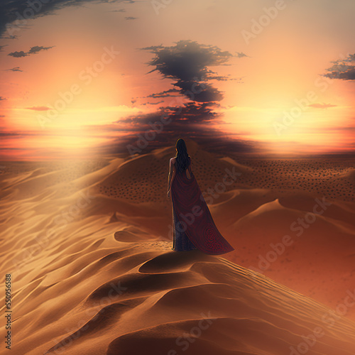 one small woman  from back at Sahara desert with layers of sand dunes at sunset  generative ai photo