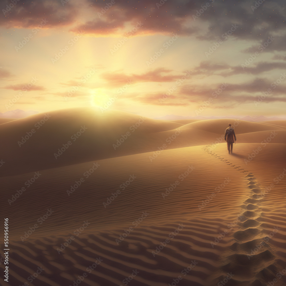 lonely man at Sahara desert with layers of sand dunes at sunset   