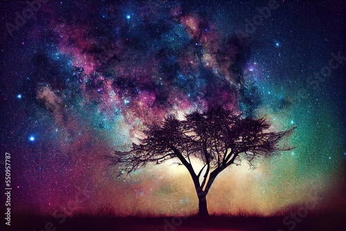 fantasy tree in the night, colorful universe and stars in the backgrond