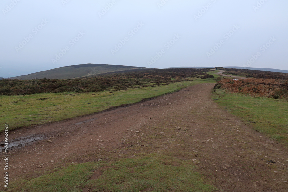 A lonely gravel track leads across the Quantock Hills. The winter sky is cloudy and overcast A lonely gravel track leads across the Quantock Hills. The winter sky is cloudy and overcast