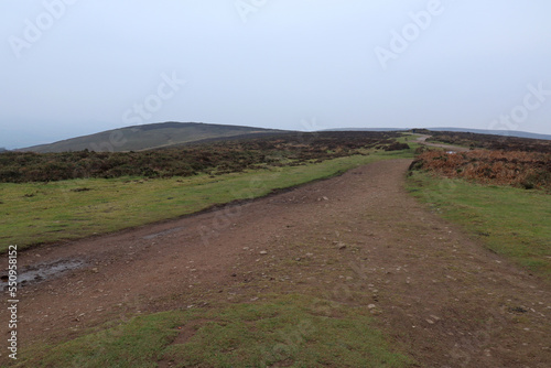 A lonely gravel track leads across the Quantock Hills. The winter sky is cloudy and overcast