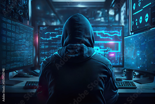 hacker front of his computer committing digital cybercrime photo