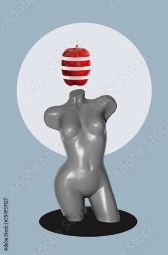 Digital collage with a female mannequin and divided apple 