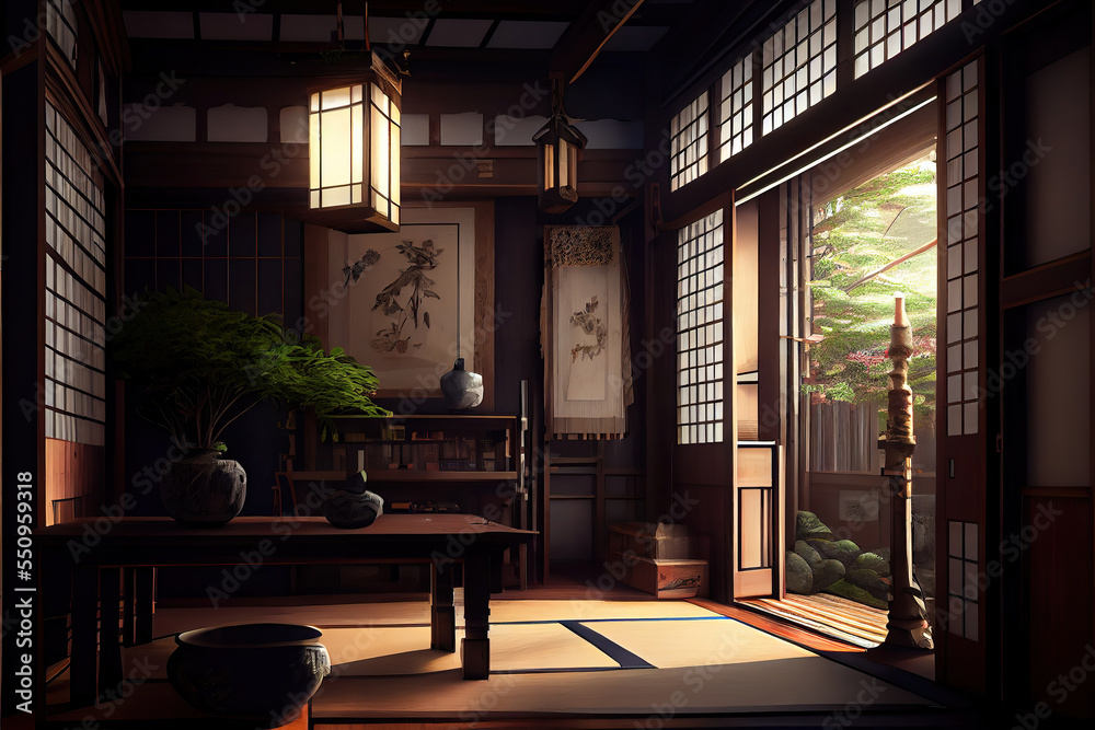 interior of a japanese house, blossoming sakura cherry tree outside interior of a japanese house, blossoming sakura cherry tree outside