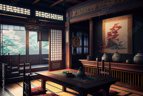 interior of a japanese house, blossoming sakura cherry tree outside