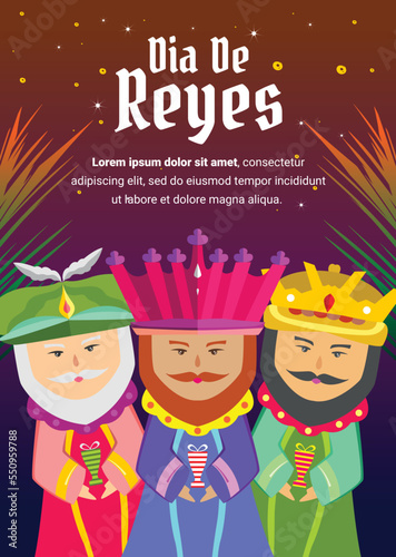 poster special design template with reyes magos theme three kings bring gifts. christmas event