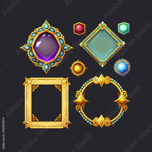 Set of golden frames, square and round borders with ornate metal rims and gem stones. A beautiful fantastic children's play template isolated on background. Vector illustration photo