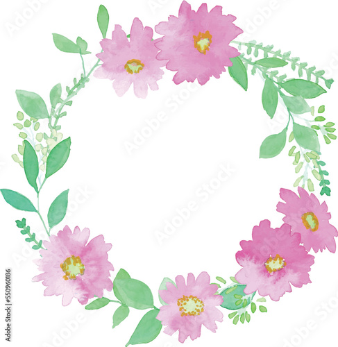 水彩画。水彩タッチのベクター植物フレーム。ピンクの花と植物の装飾枠。Watercolor painting. Vector plant frame with watercolor touch. Decorative frame with pink flowers and plants.