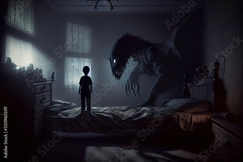 frightened child in the dark bedroom, nightmare, shadow monsters, horror scene