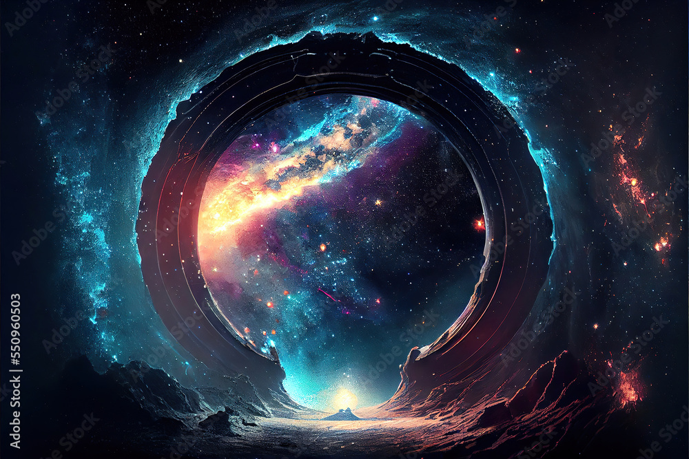 fantasy background with magical portal to another dimensin on alien planet in space - obrazy, fototapety, plakaty 